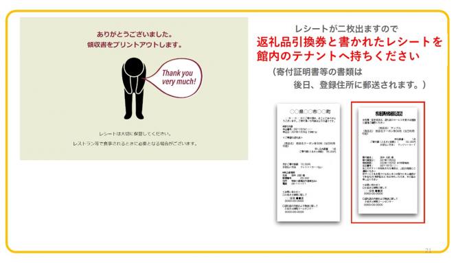 レシートが出ます。引換券と書かれたレシートは館内で商品券として利用できます